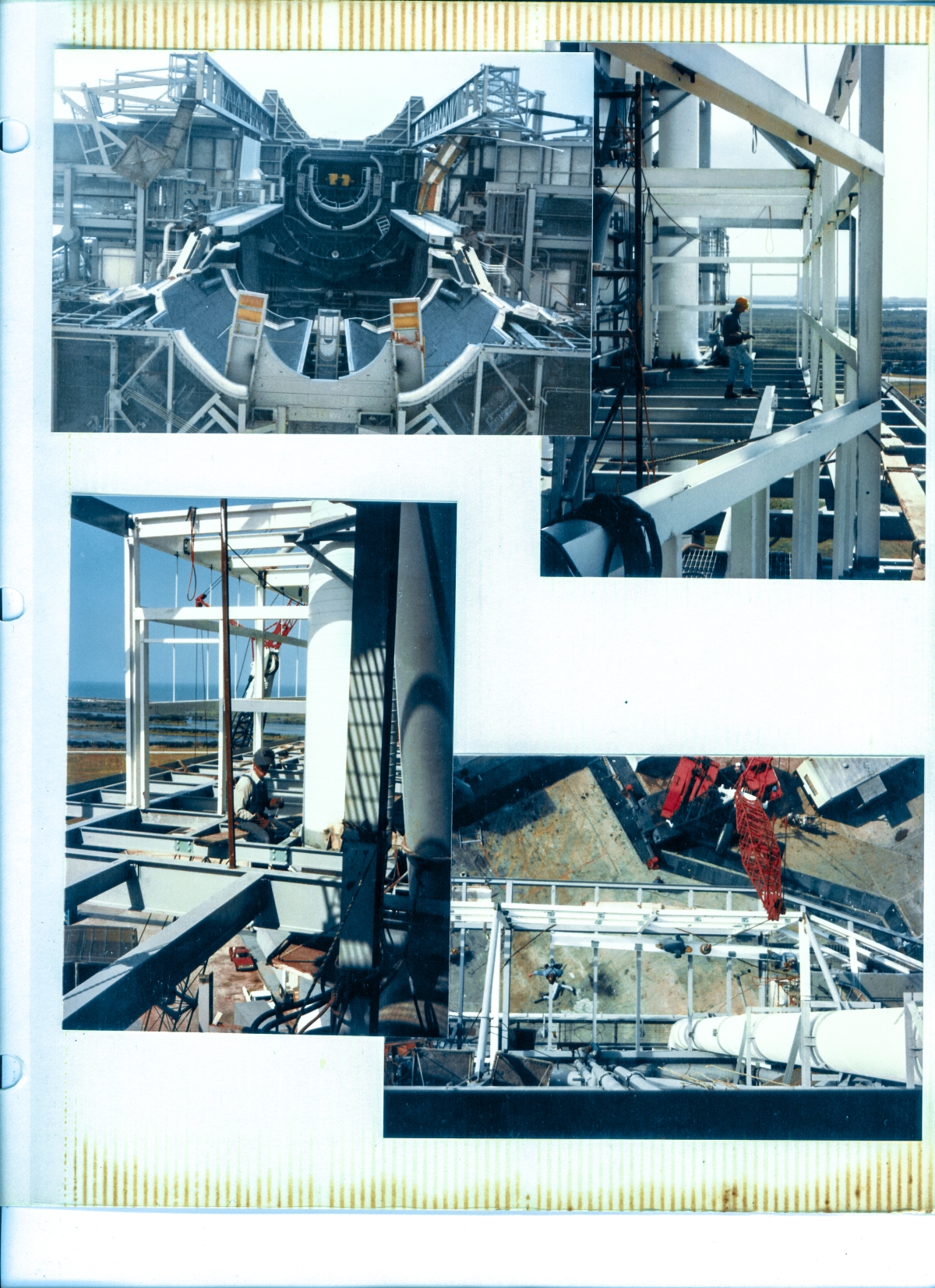 Top Left: Looking straight up, centered under the 90-ton Payload Canister Hoist Load Block and Hook, beneath the Rotating Service Structure at Space Shuttle Launch Complex 39-B, Kennedy Space Center, Florida. Others: Union Ironworkers from Local 808 working for Ivey Steel assemble the structural elements which will become the new Payload Changeout Room Anteroom Extension, along the back side of the RSS, over eighty feet above the concrete of the pad deck beneath them.